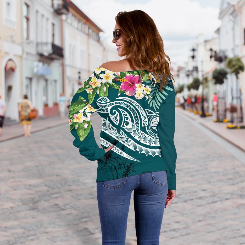 FSM Polynesian Women's Off Shoulder Sweater - Summer Plumeria (Turquoise) - Polynesian Pride