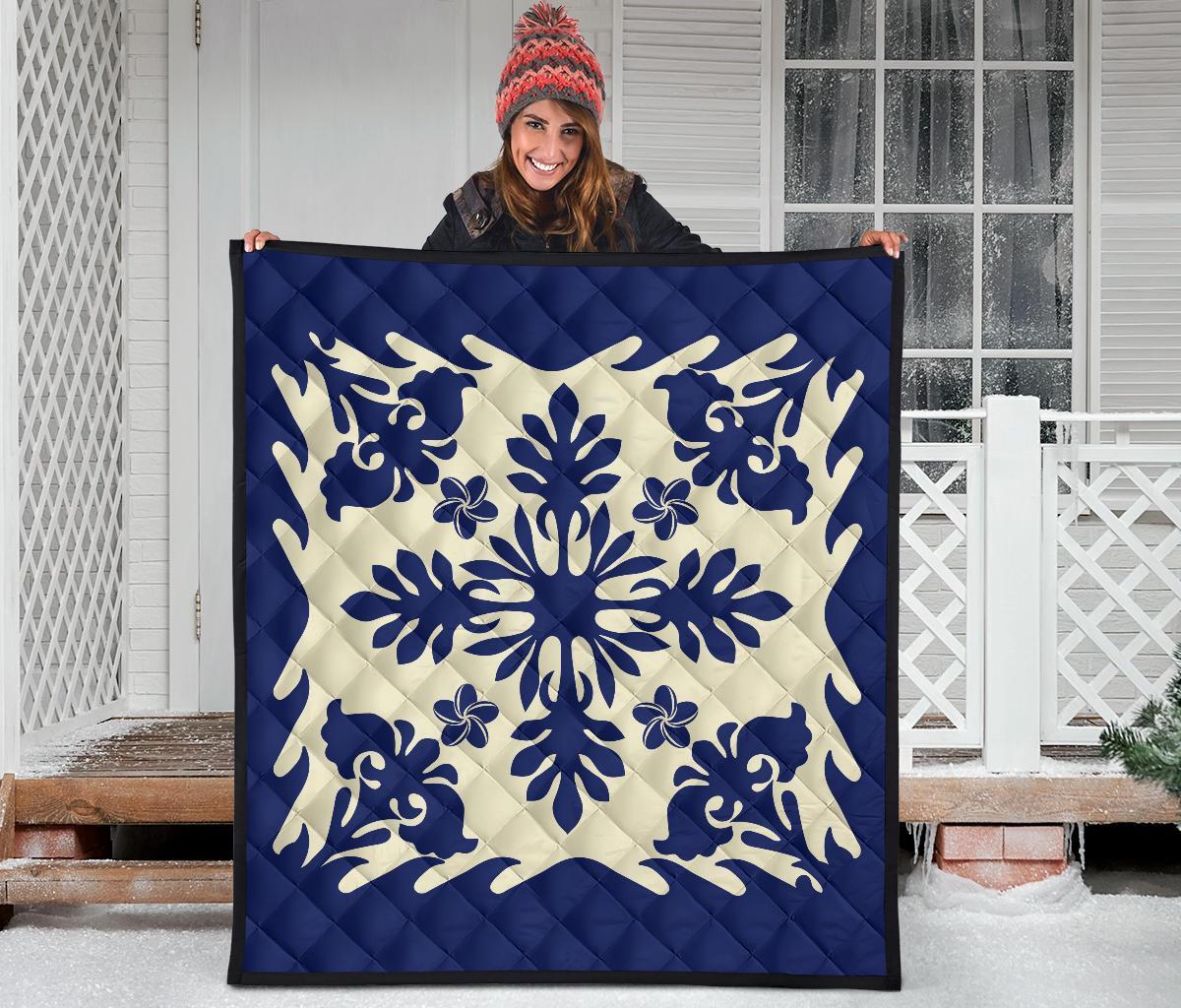 Hawaiian Plumeria Tropical Pattern Premium Quilt - Blue - Argu Style - AH - Polynesian Pride