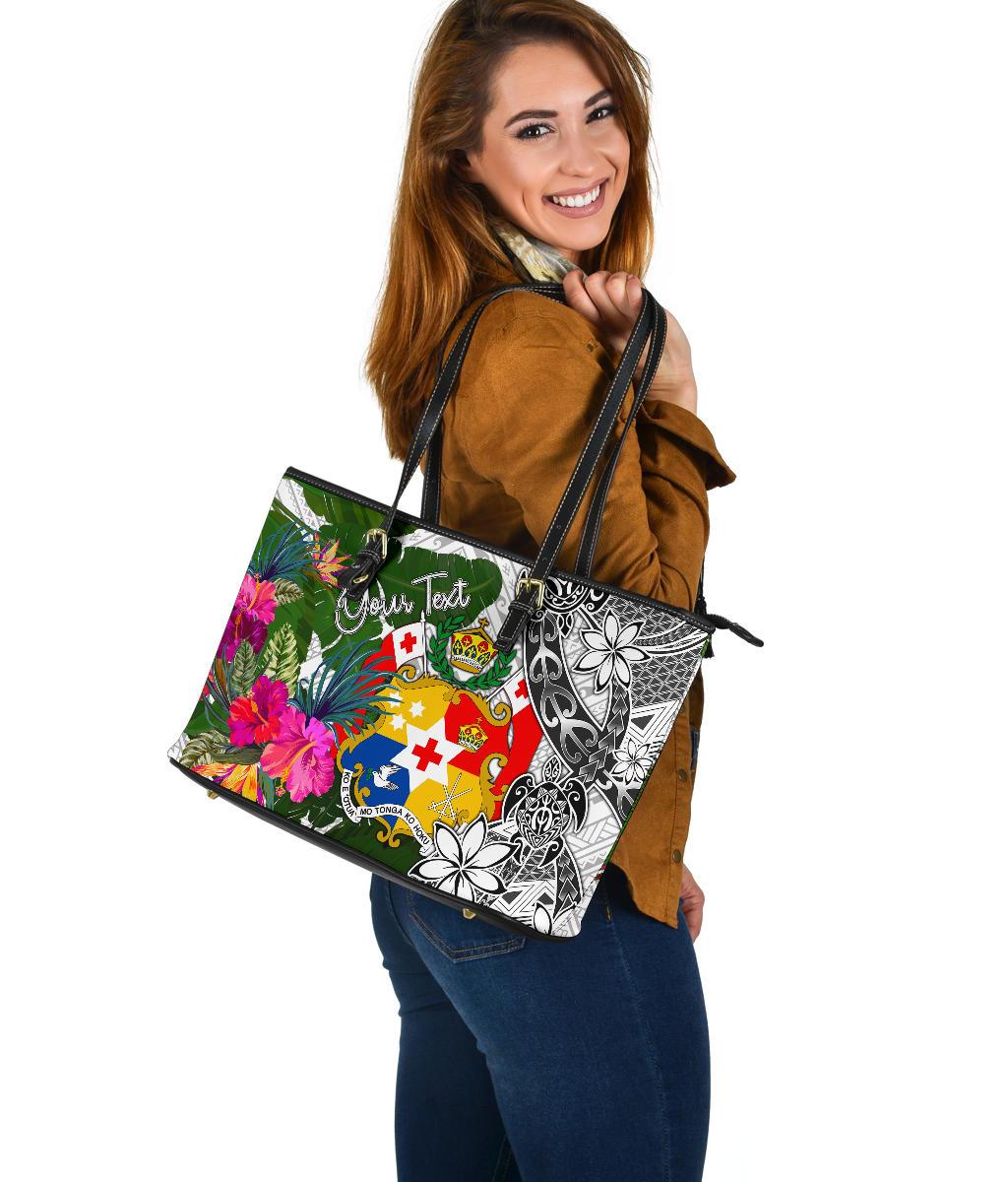 Tonga Custom Personalised Large Leather Tote White - Turtle Plumeria Banana Leaf - Polynesian Pride