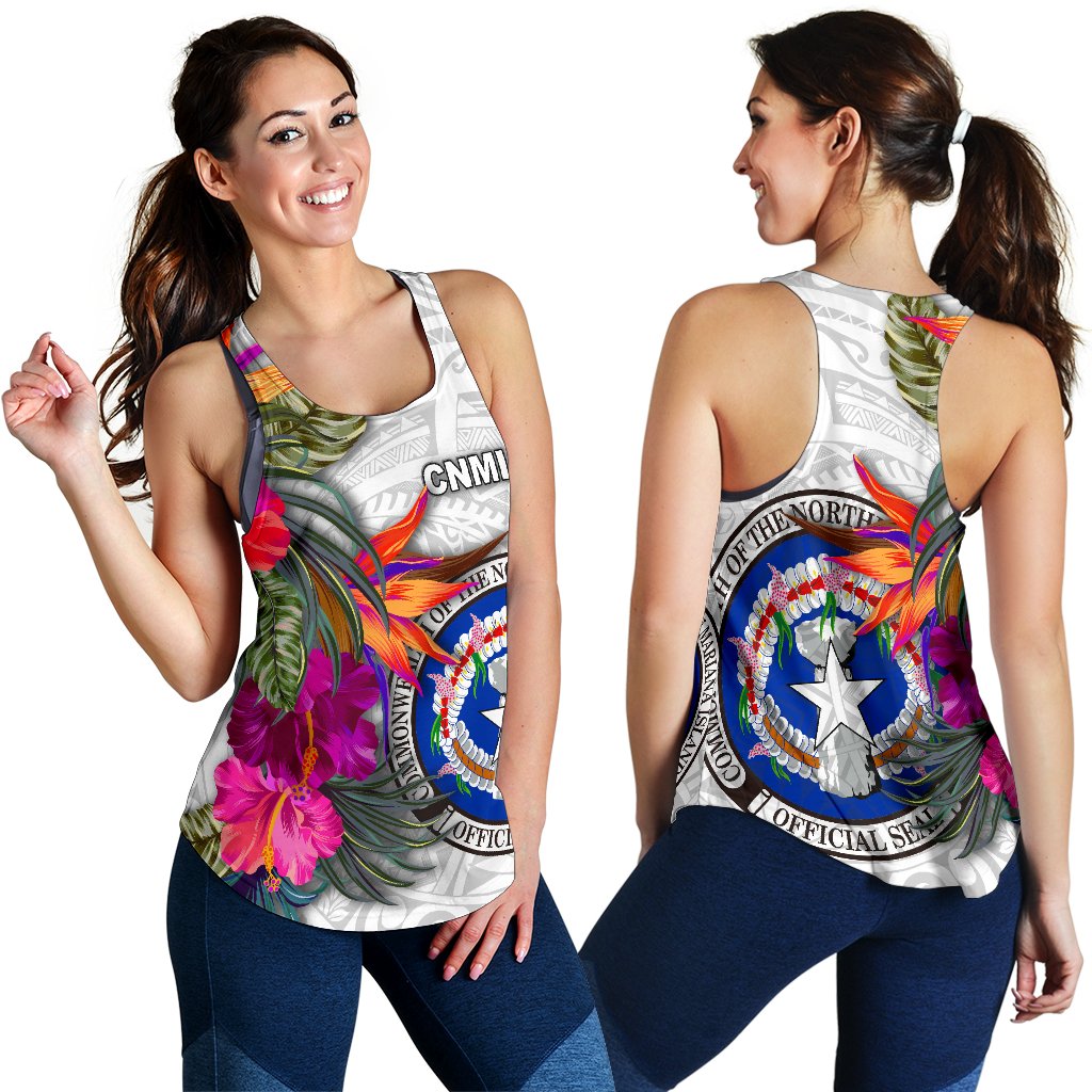 Northern Mariana Islands Women's Racerback Tank Polynesian Hibiscus White Pattern White - Polynesian Pride