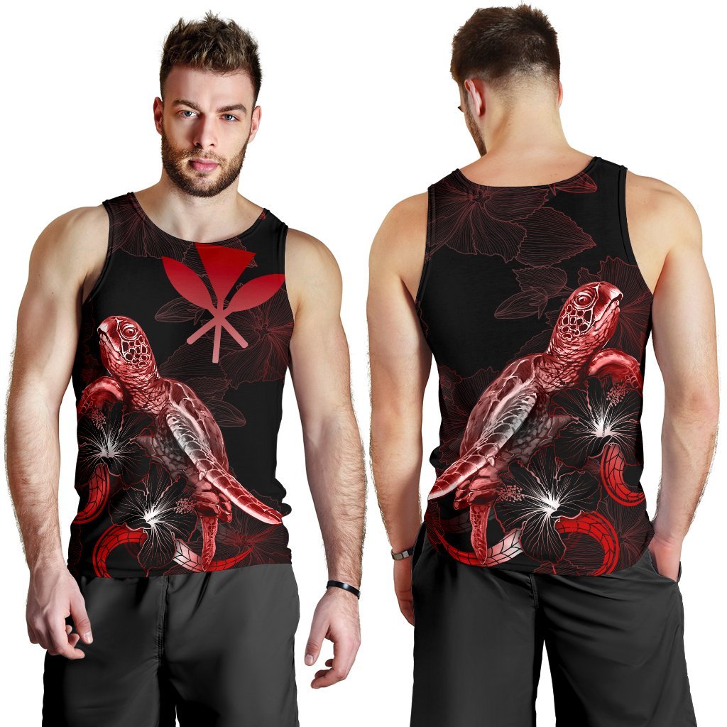 Hawaii Men Tank Top - Turtle With Blooming Hibiscus Red - Polynesian Pride