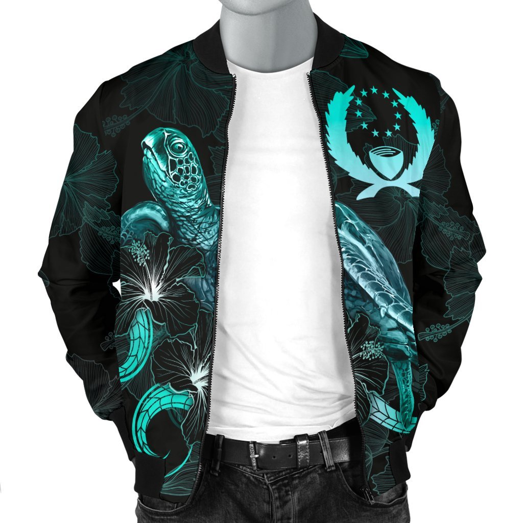 Pohnpei Polynesian Men's Bomber Jacket - Turtle With Blooming Hibiscus Turquoise - Polynesian Pride