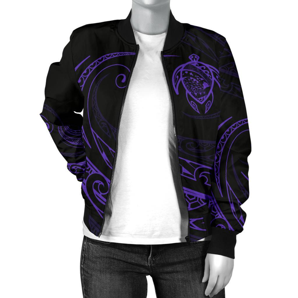 Hawaii Turtle Map Polynesian Women's Bomber Jacket - Purple - Frida Style - Polynesian Pride