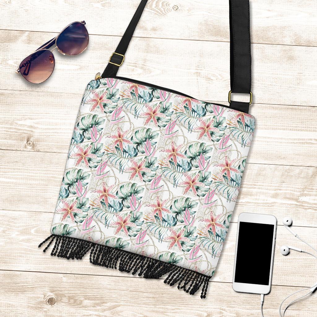 Hawaii Tropical Pattern With Orchids, Leaves And Gold Chains. Crossbody Boho Handbag - Polynesian Pride