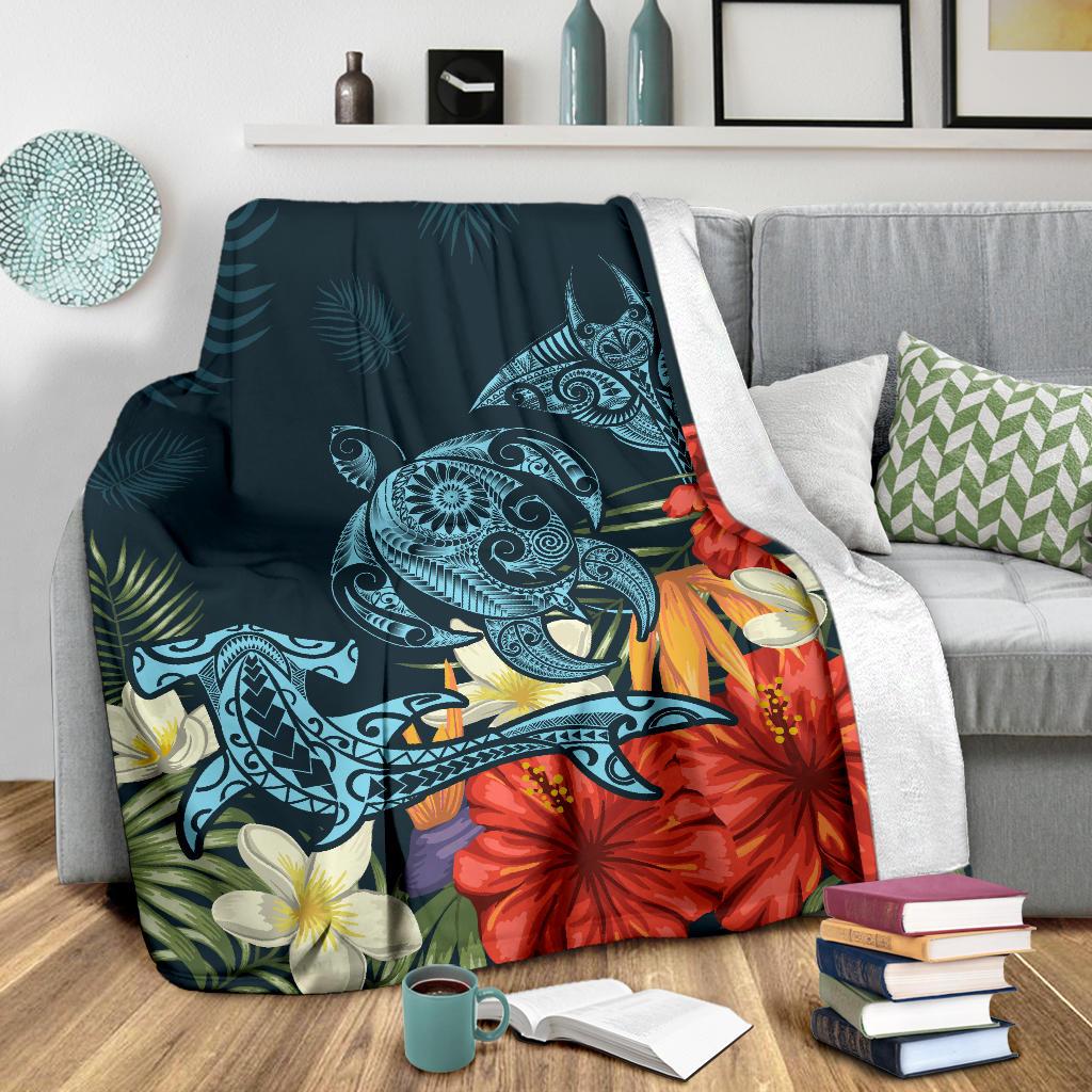 Hawaii Turtle Shark Manta Ray Hibiscus Plumeria Premium Blanket - Polynesian Pride