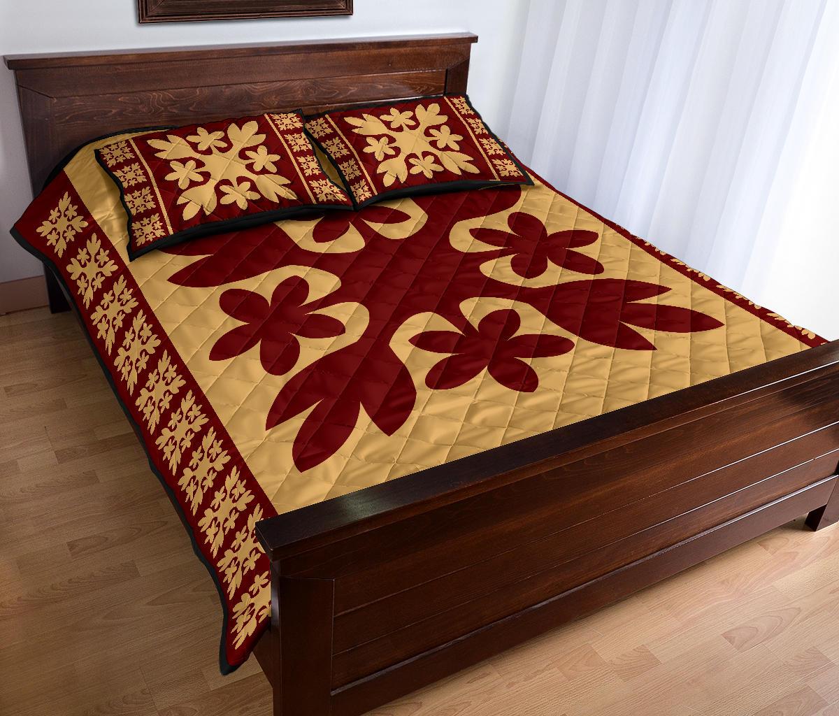 Hawaiian Quilt Pattern Palm Tree And Plumeria Quilt Bed Set - Polynesian Pride