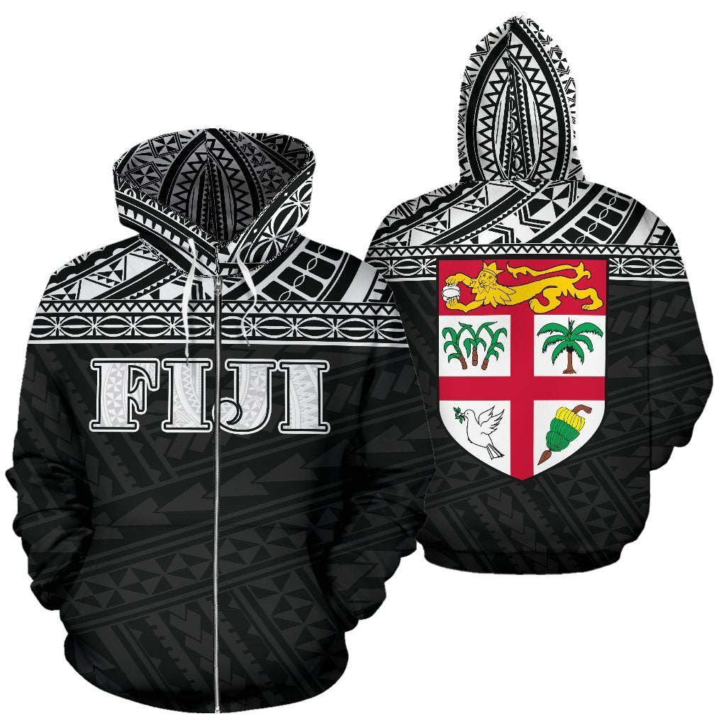 Fiji All Over Zip up Hoodie Polynesian Black Version Unisex White - Polynesian Pride
