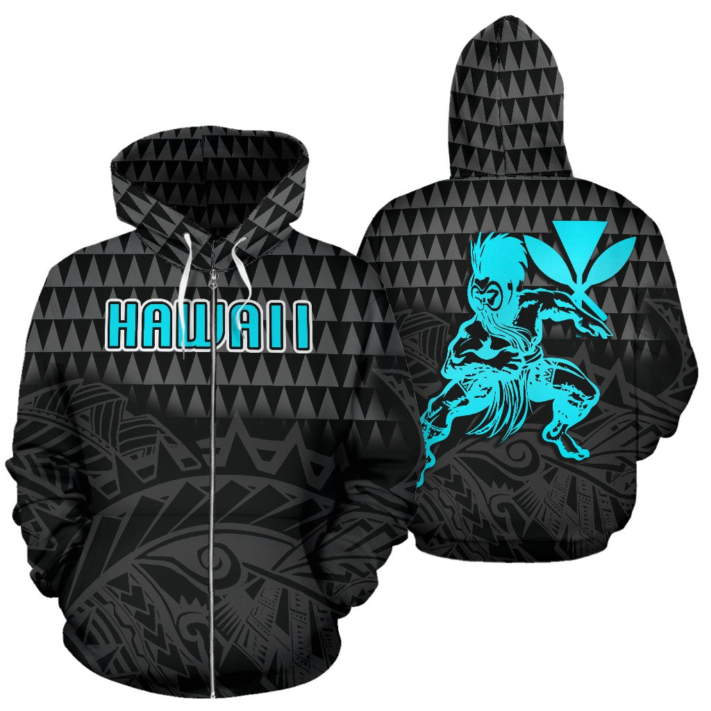 Polynesian Hawaii Zip up Hoodie Warrior Emerald Color Unisex Black - Polynesian Pride