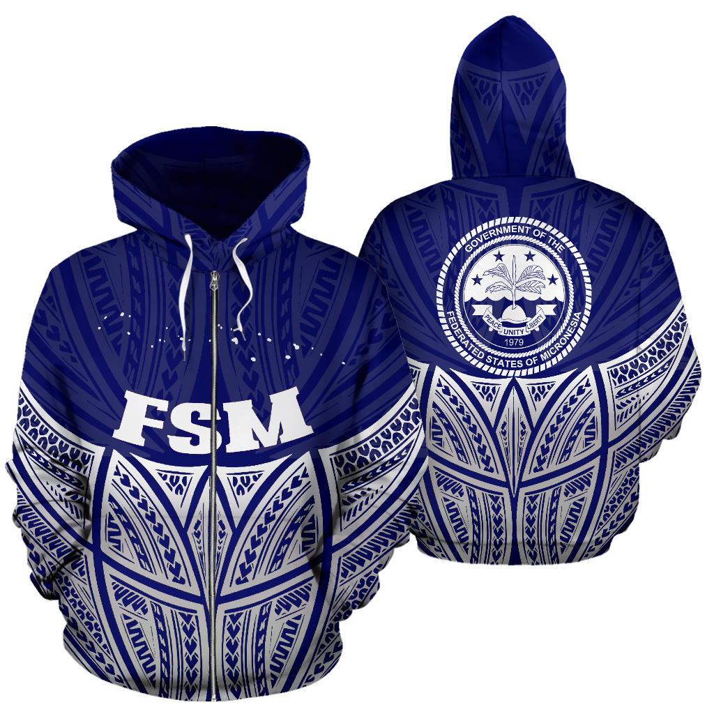 Federated States of Micronesia Polynesian Zip up Hoodie Blue Pride Map and Seal Unisex Blue - Polynesian Pride