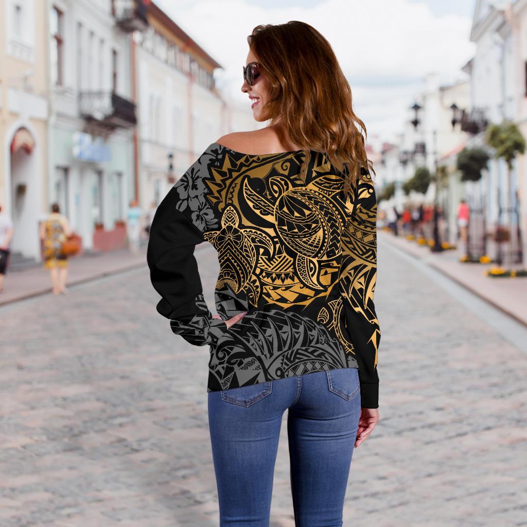 Guam Polynesian Off Shoulder Sweater (Women) - Gold Turtle Flowing - Polynesian Pride