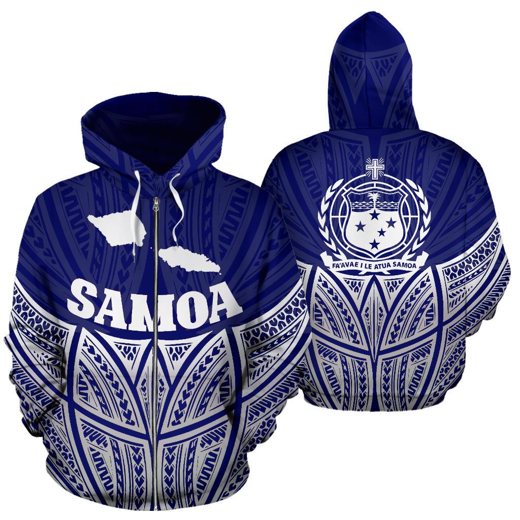 Samoa Polynesian Zip up Hoodie Blue Pride Map and Seal Unisex Blue - Polynesian Pride