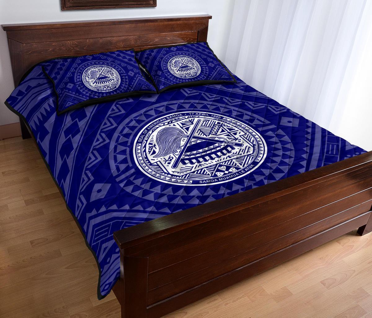 American Samoa Personalised Quilt Bed Set - Seal In Polynesian Tattoo Style ( Blue) - Polynesian Pride