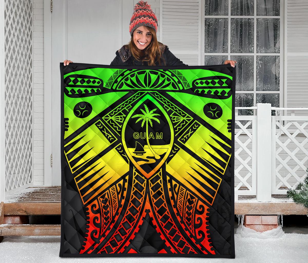 Guam Polynesian Premium Quilt - Guam Reggae Seal with Polynesian Tattoo - Polynesian Pride