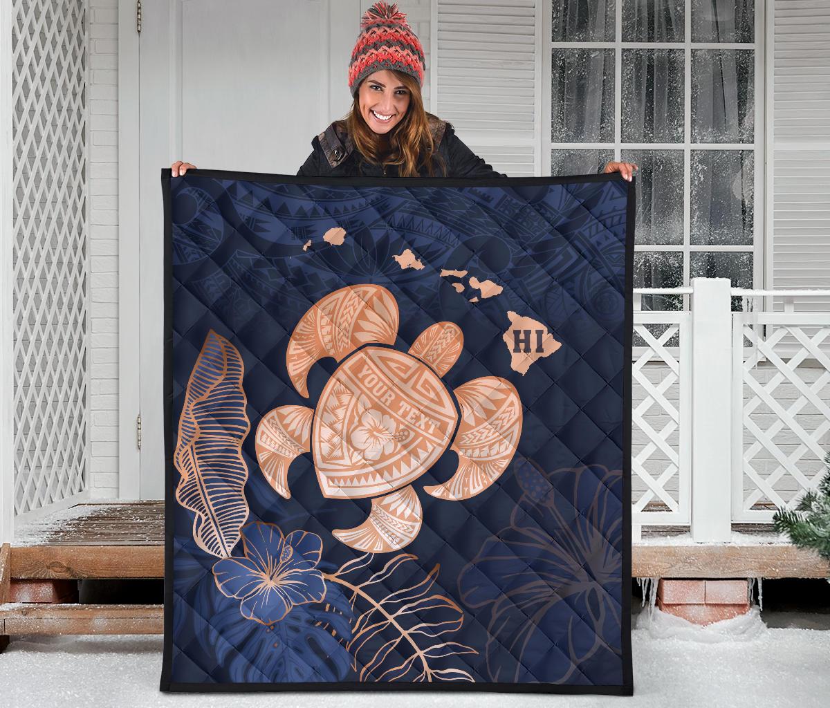 Personalized - Hawaii Kakau Polynesian Turtle Map Premium Quilt - Indigo - Polynesian Pride