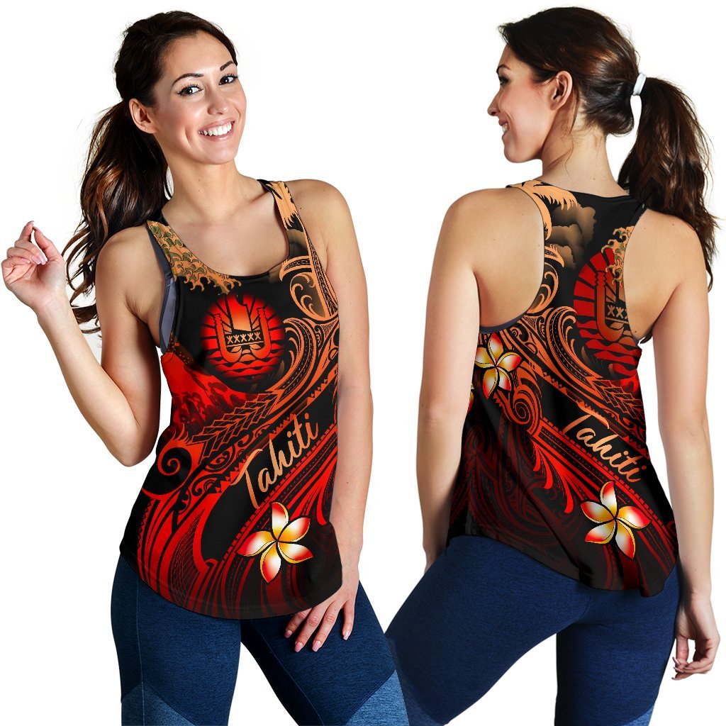 Tahiti Polynesian Women's Racerback Tank - Plumeria Flowers And Waves Red - Polynesian Pride