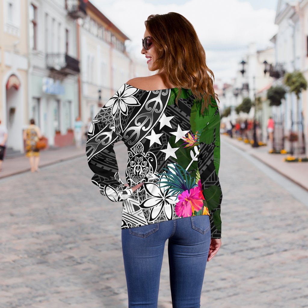 Kosrae Off Shoulder Sweater - Turtle Plumeria Banana Leaf - Polynesian Pride