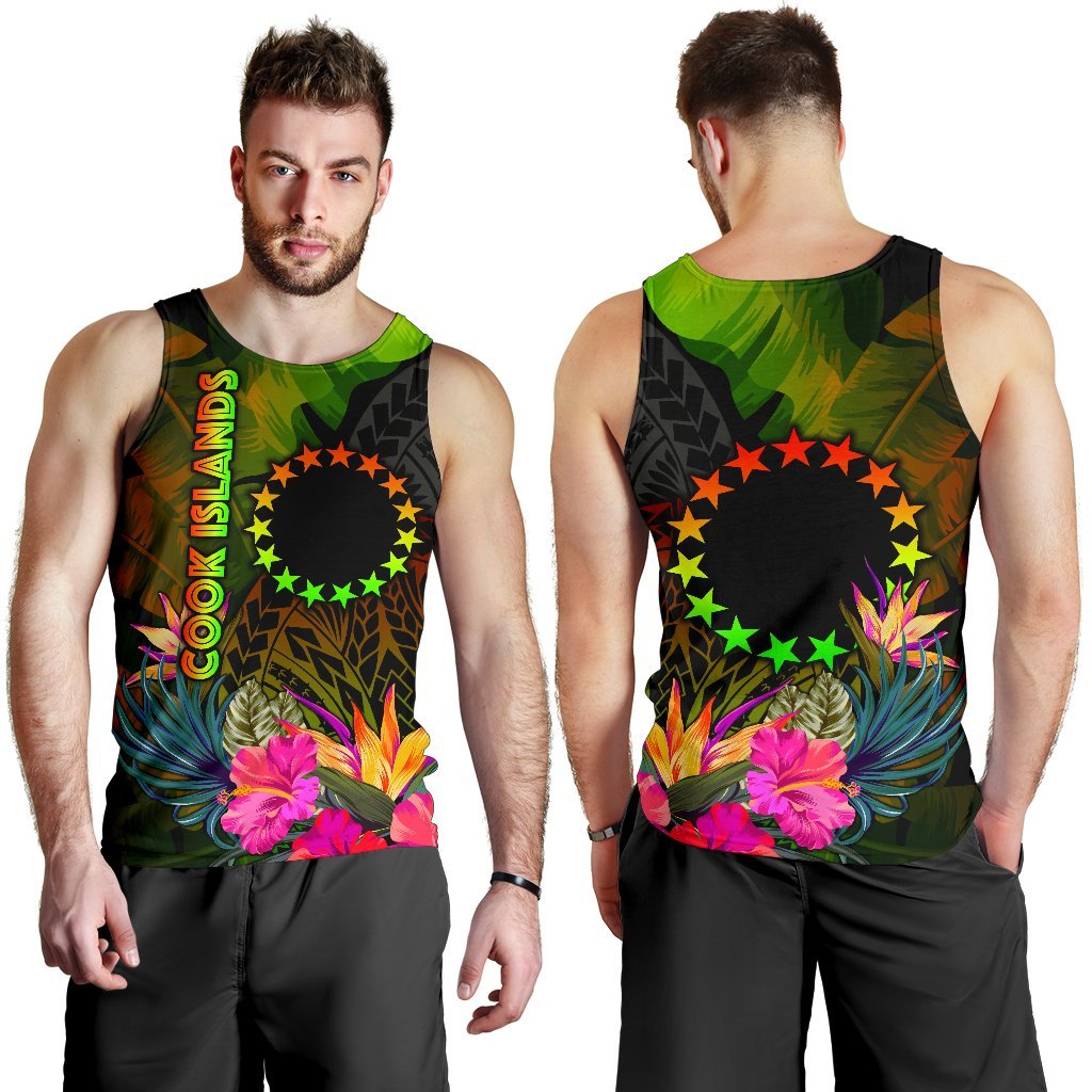 Cook Islands Polynesian Men's Tank Top - Hibiscus and Banana Leaves - Polynesian Pride