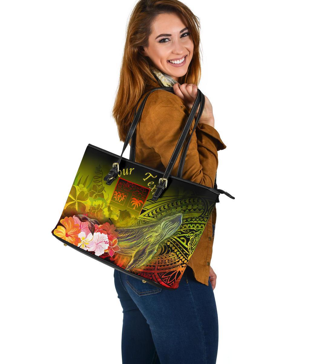 Fiji Custom Personalised Large Leather Tote Bags - Humpback Whale with Tropical Flowers (Yellow) - Polynesian Pride