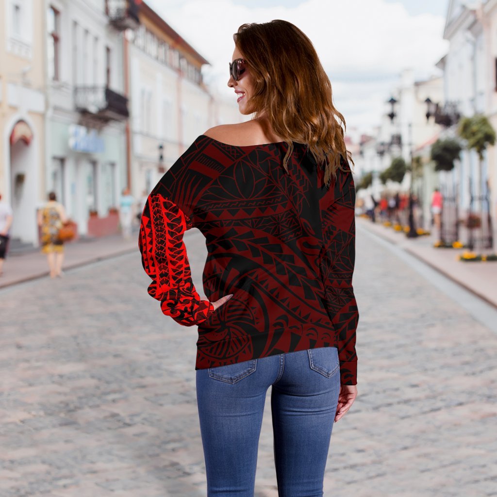 Polynesian Tattoo Style Off Shoulder Sweater Red A7 - Polynesian Pride