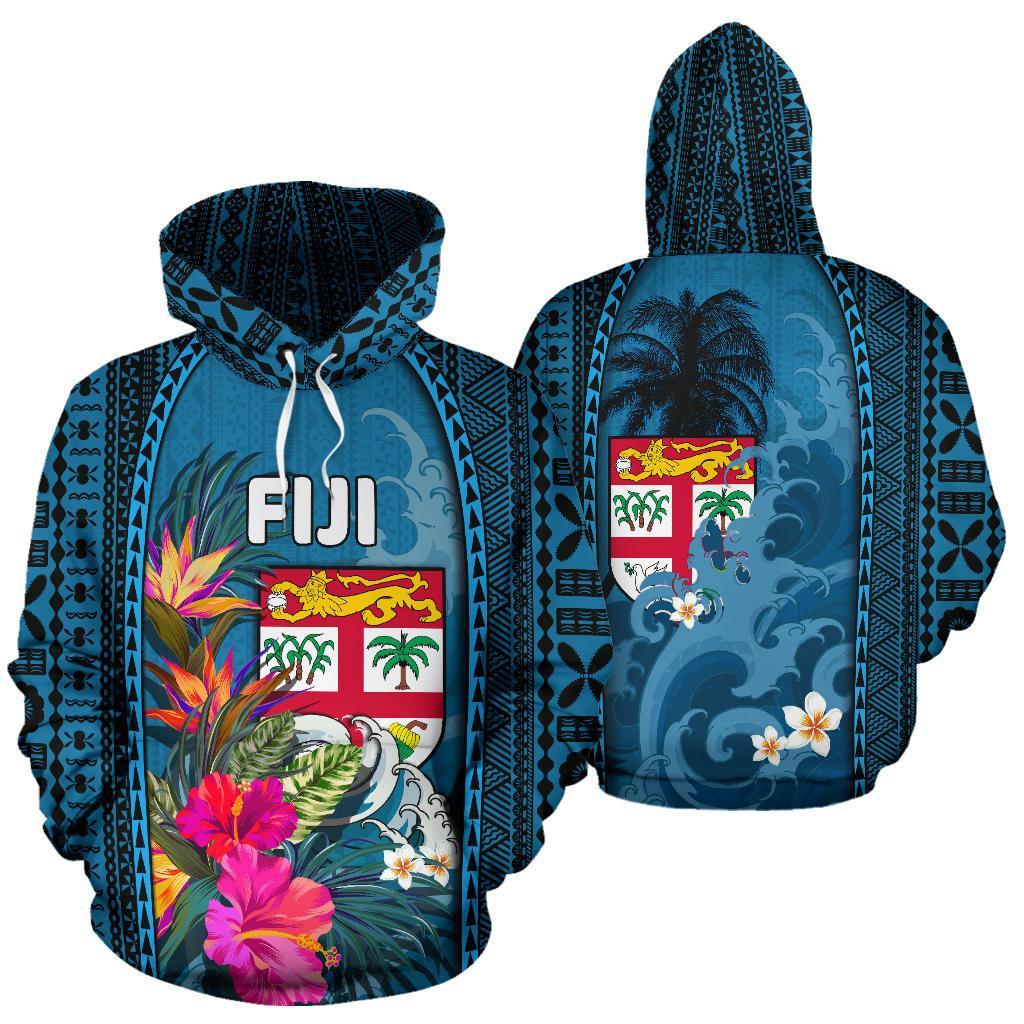 Fiji All Over Hoodie Coat of Arms Polynesian With Hibiscus and Waves - Polynesian Pride
