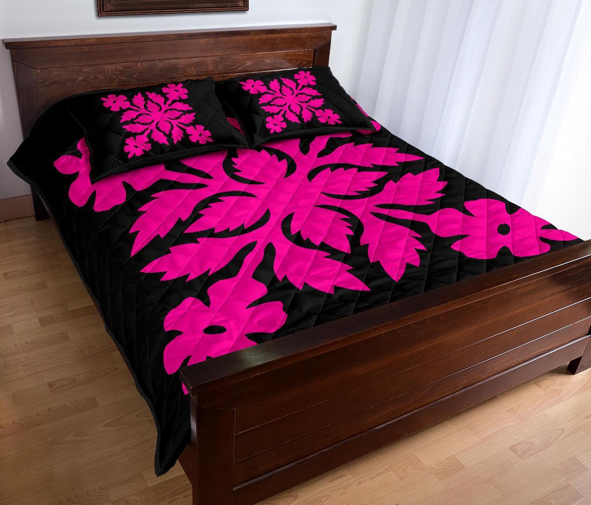 Hawaiian Quilt Bed Set Royal Pattern - Black And Pink - B2 Style - Polynesian Pride