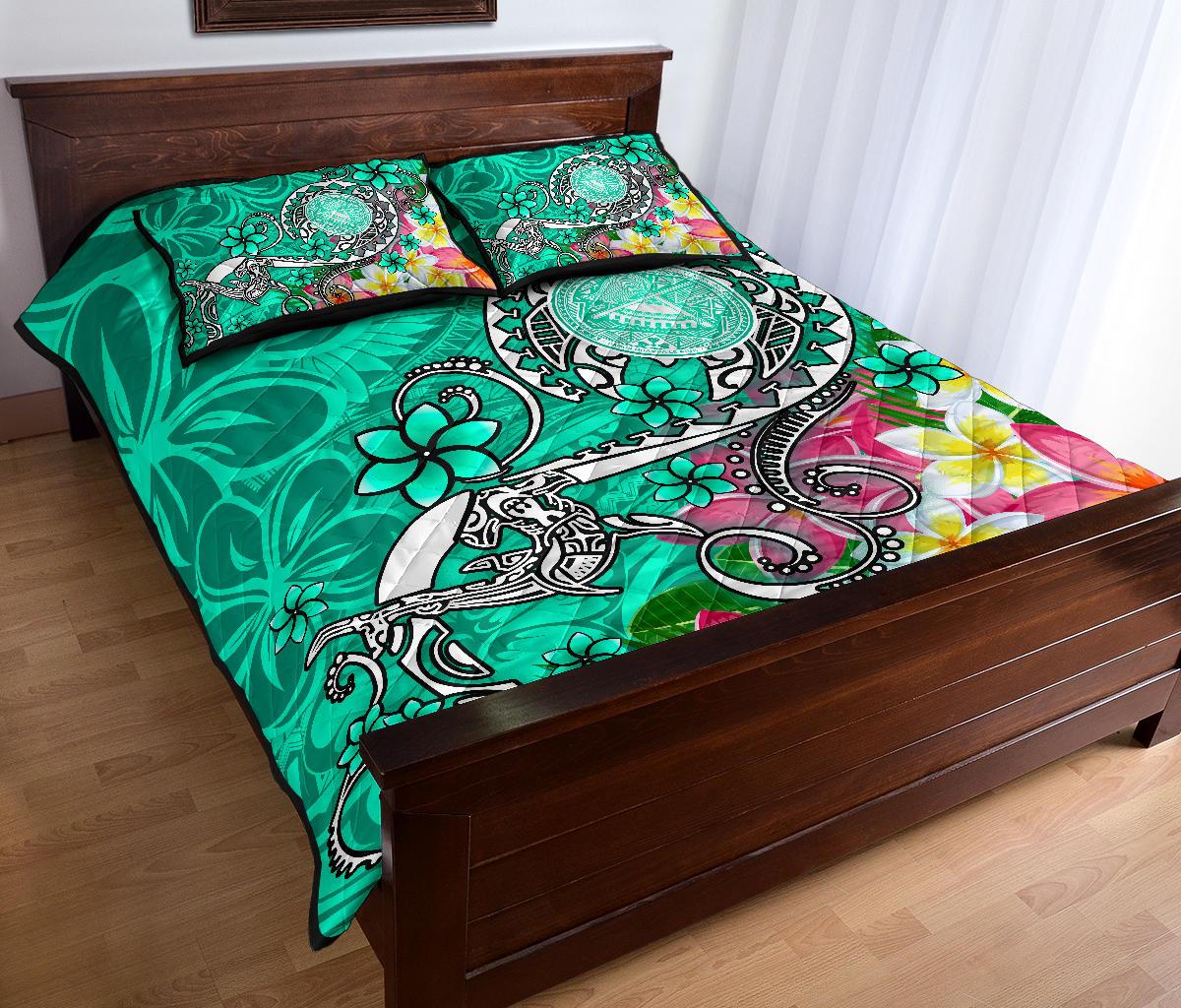 American Samoa Polynesian Quilt Bed Set - Turtle Plumeria (Turquoise) - Polynesian Pride