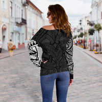 New Zealand Women's Off Shoulder Sweater, Maori Polynesian Tattoo White - Polynesian Pride