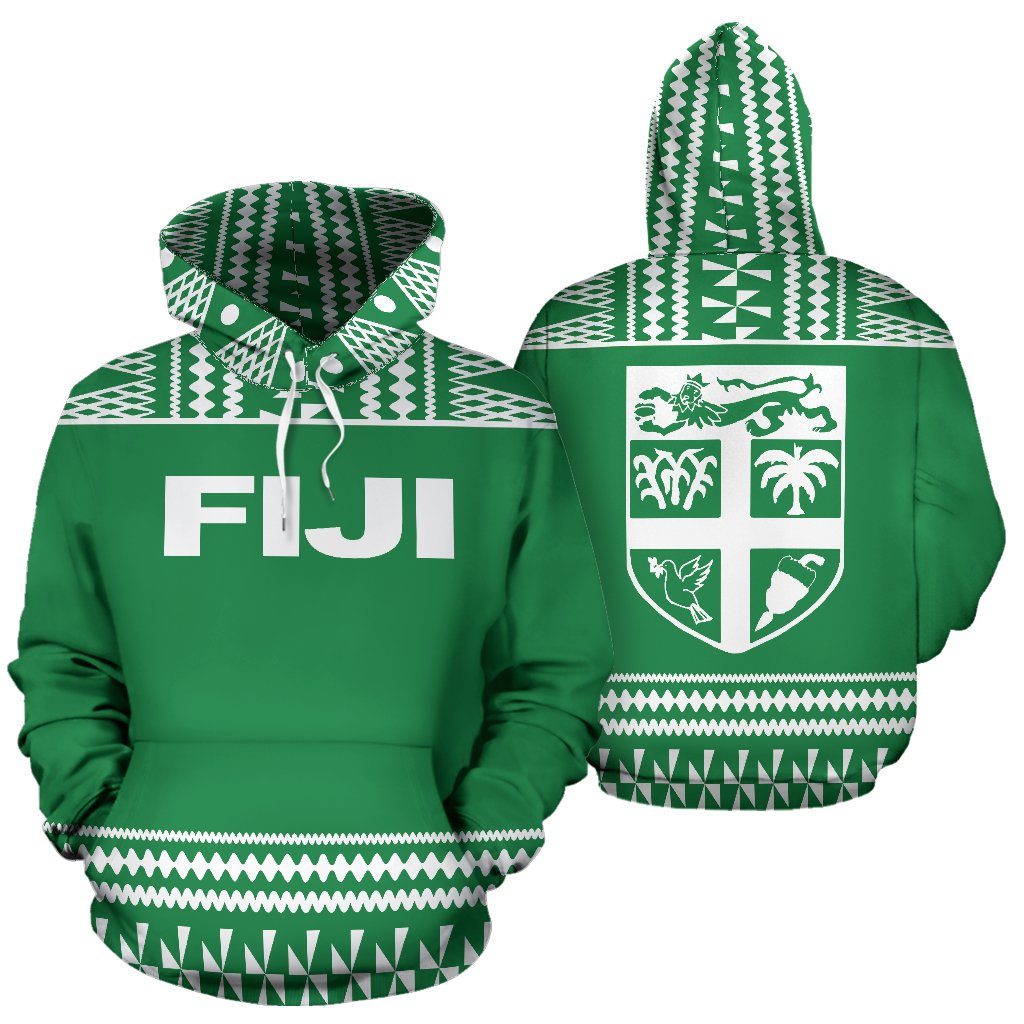 Fiji Tapa All Over Hoodie Green and White Version Unisex Green And White - Polynesian Pride