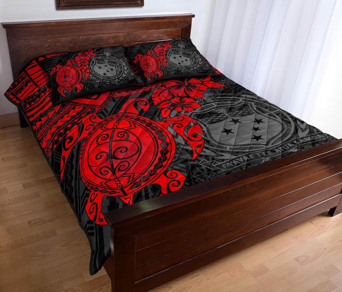 Samoa Polynesian Quilt Bed Set - Samoa Coat Of Arms & Red Turtle Hibiscus - Polynesian Pride