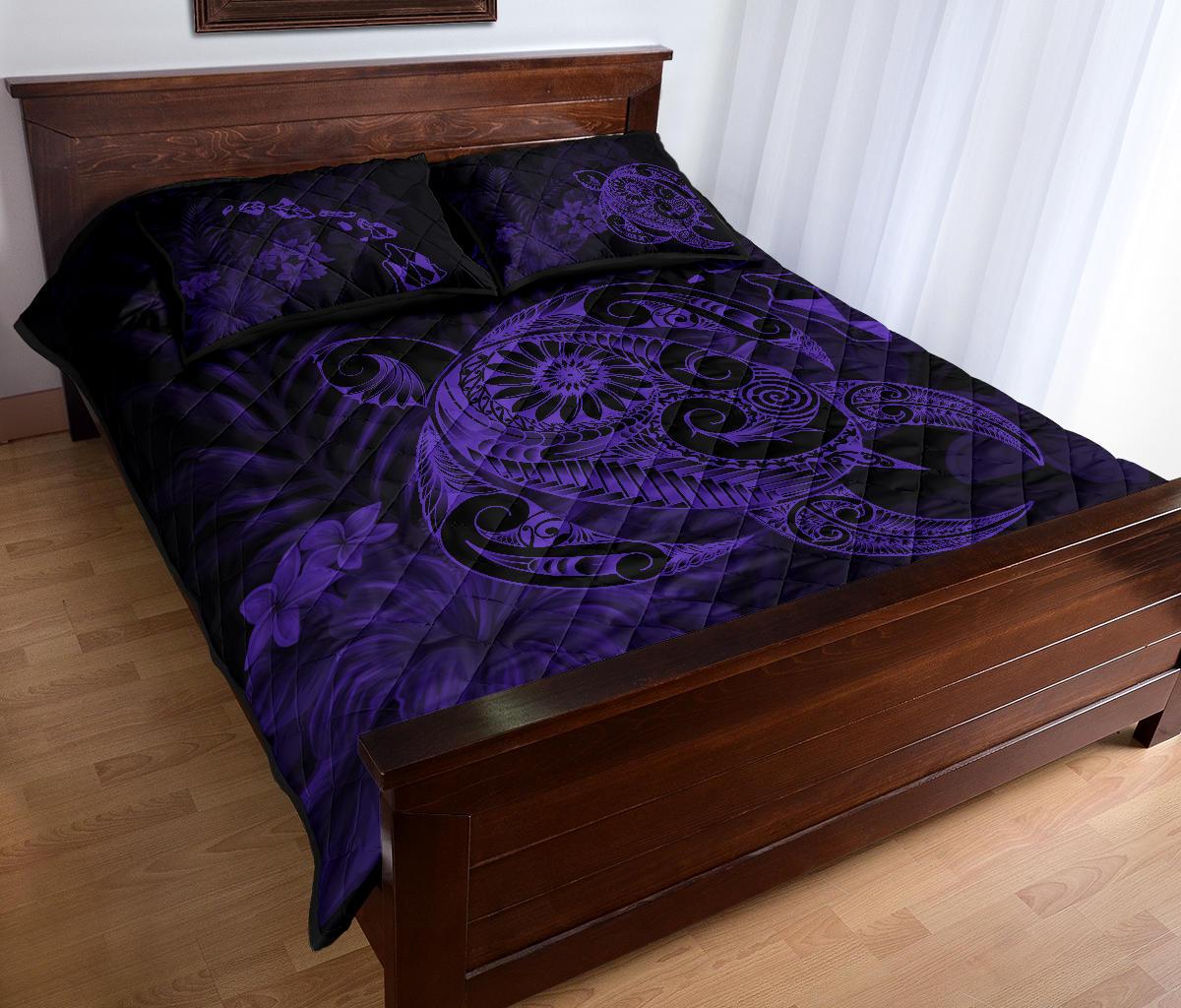 Hawaii Turtle Map Hibiscus Polynesian Purple Quilt Bed Set - Polynesian Pride