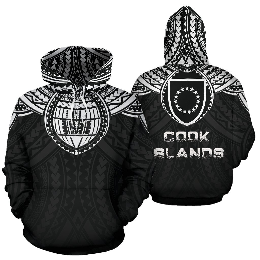 Cook Islands Coat of Arms and Poly All Over Hoodie Pullover Hoodie Black - Polynesian Pride