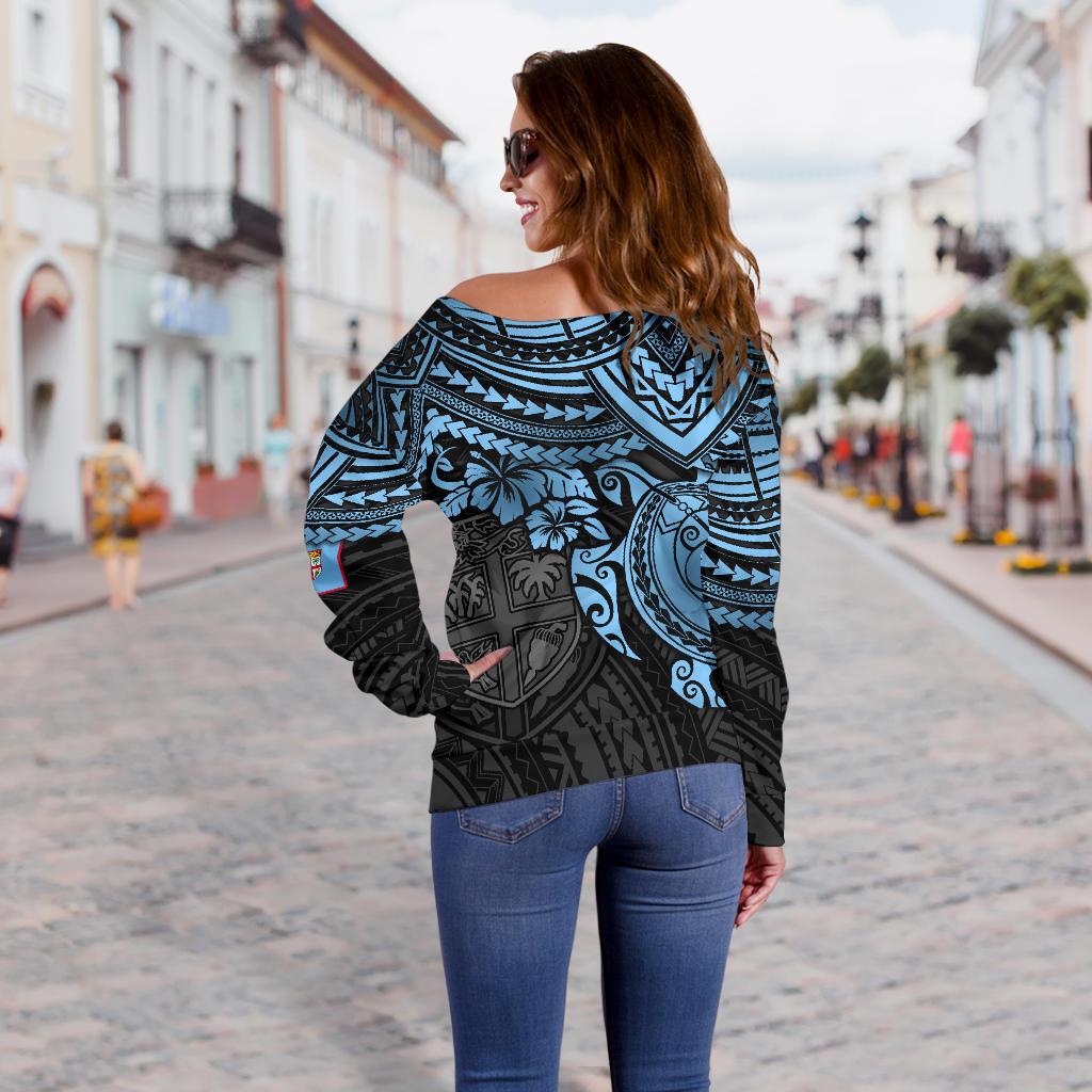 Fiji Polynesian Women's Off Shoulder Sweater - Blue Turtle - Polynesian Pride