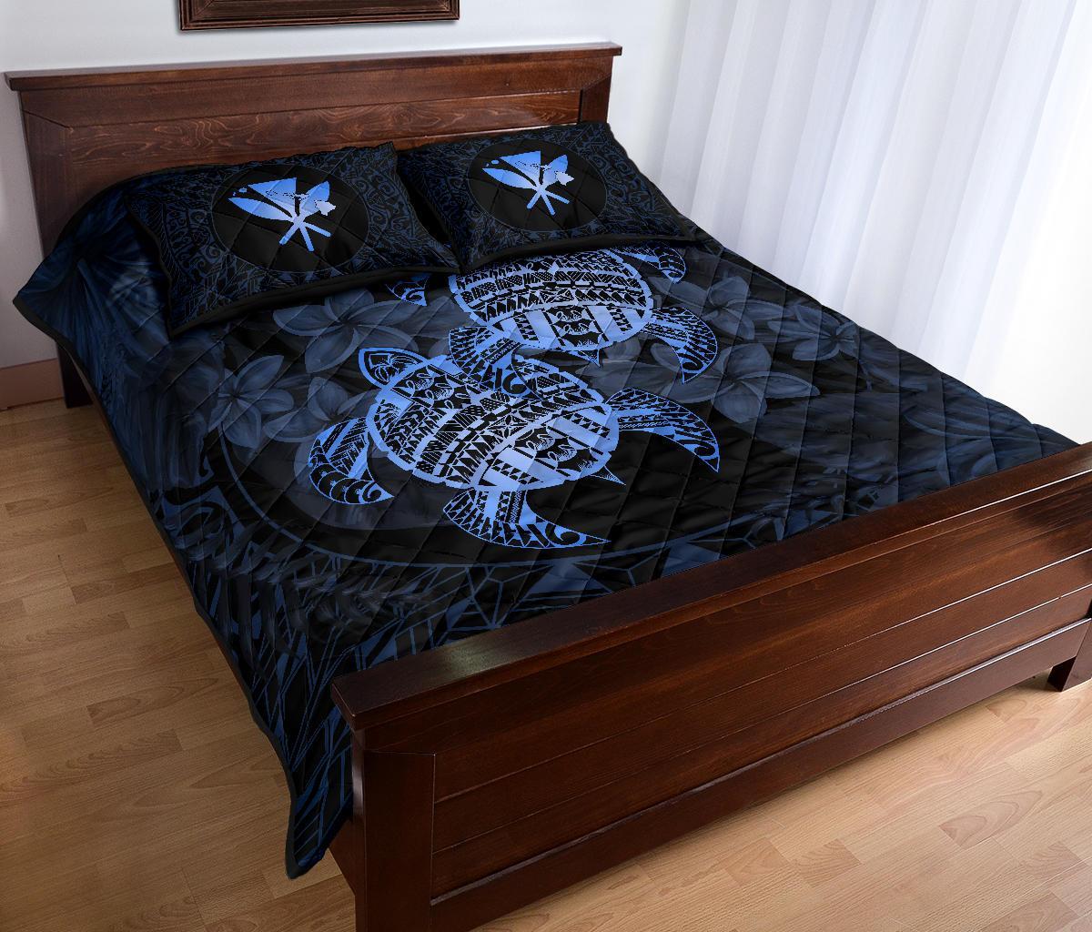 Hawaii Quilt Bed Set - Turtle Strong Pattern Hibiscus Plumeria Blue AH - Polynesian Pride