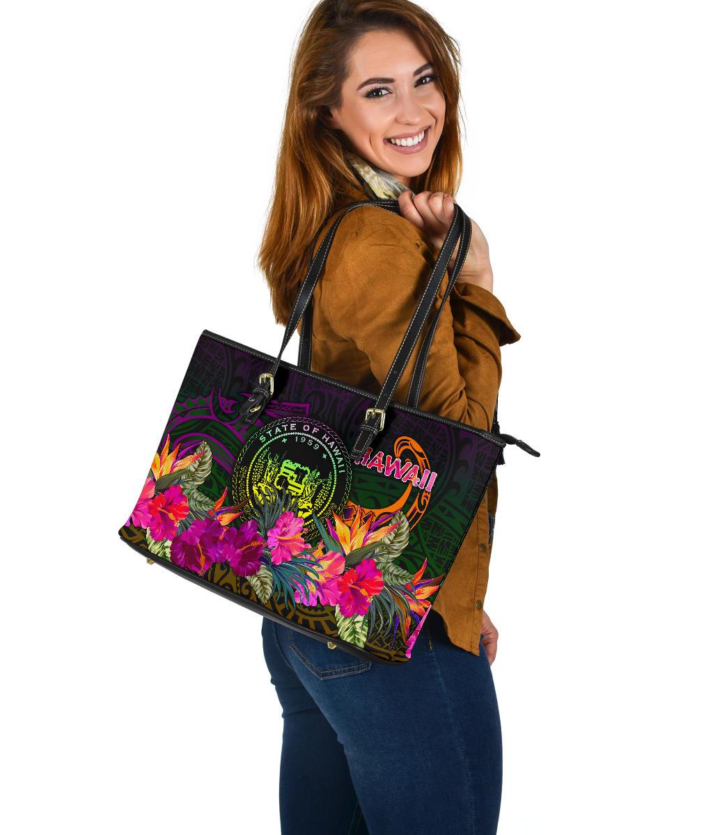 Polynesian Hawaii Large Leather Tote - Summer Hibiscus - Polynesian Pride