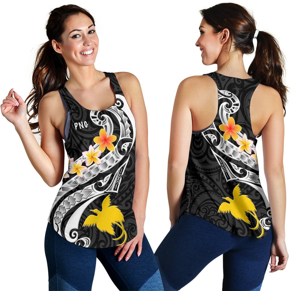 Papua New Guinea Women's Racerback Tank - PNG Seal Polynesian Patterns Plumeria (Black) - Polynesian Pride