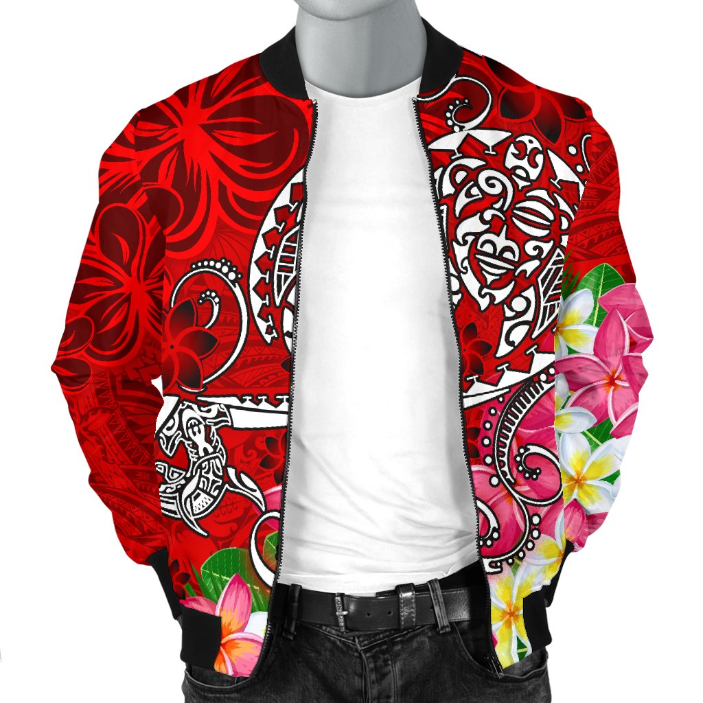Polynesian Men's Bomber Jacket - Turtle Plumeria Red Color - Polynesian Pride