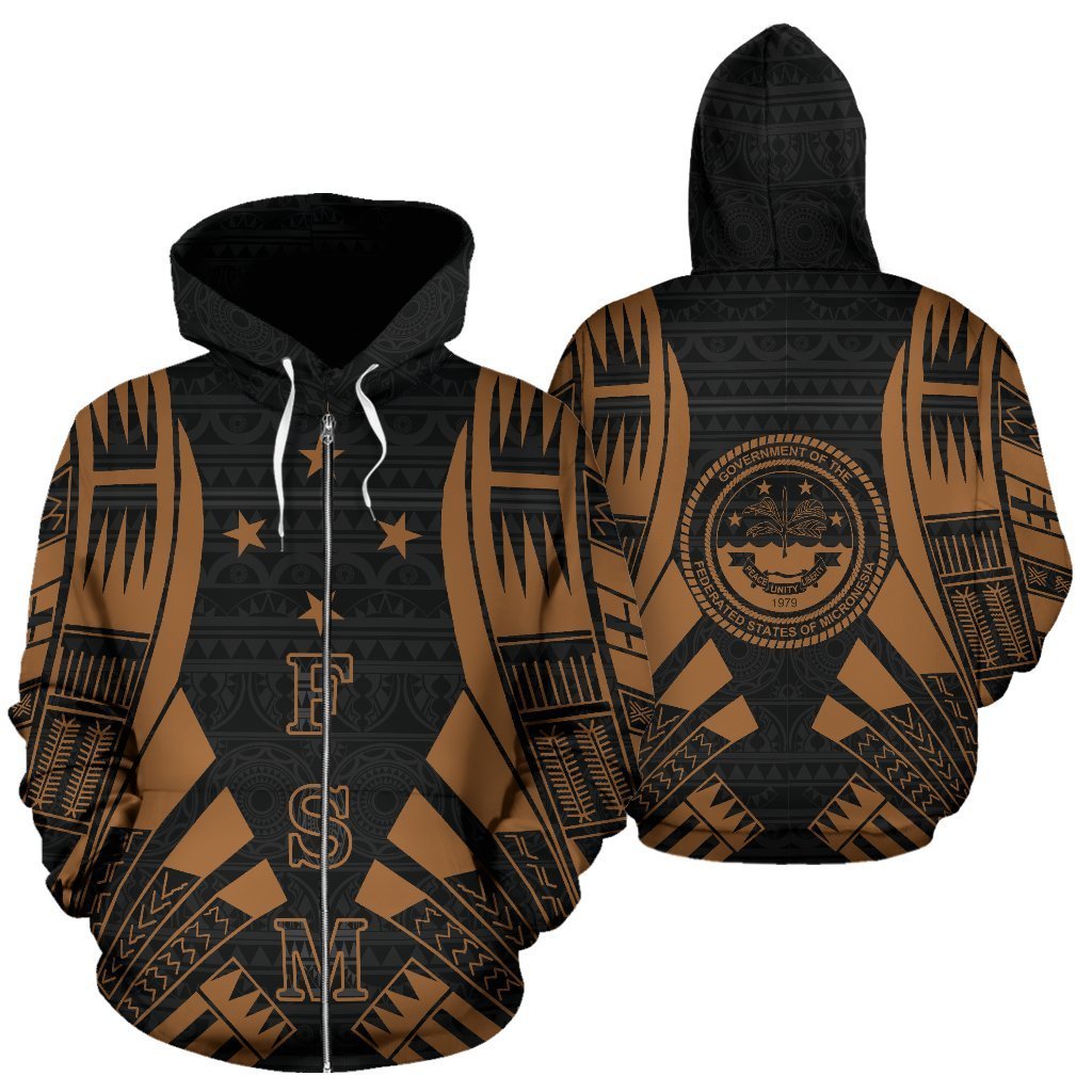 Federated States of Micronesia All Over Zip up Hoodie Brown Tattoo Style Unisex Black - Polynesian Pride