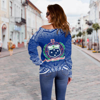 Samoa Custom Personalised Women's Off Shoulder Sweater - Polynesian Fog Blue - Polynesian Pride