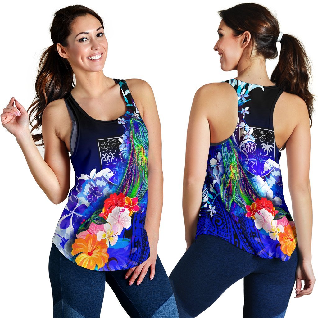 Fiji Women's Racerback Tank - Humpback Whale with Tropical Flowers (Blue) Blue - Polynesian Pride