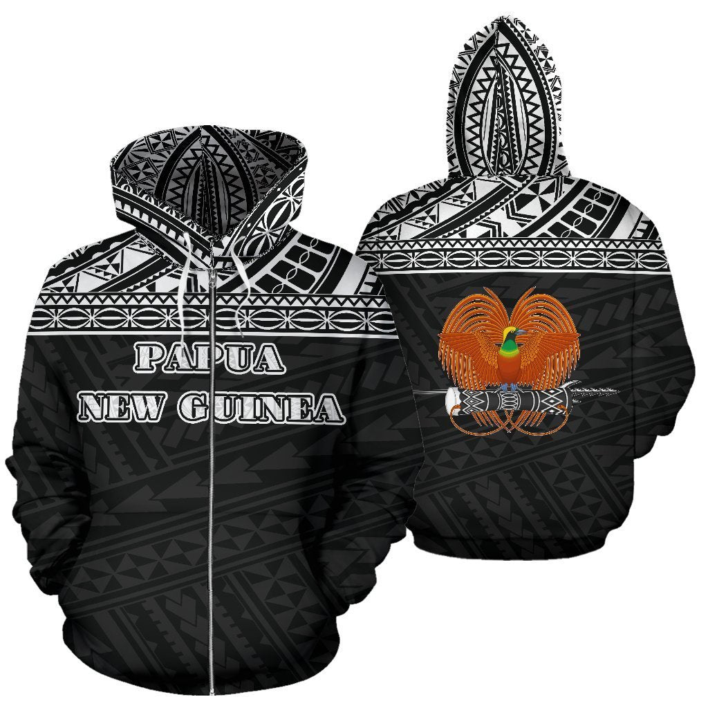 Papua New Guinea All Over Zip up Hoodie Polynesian Black Version Unisex White - Polynesian Pride