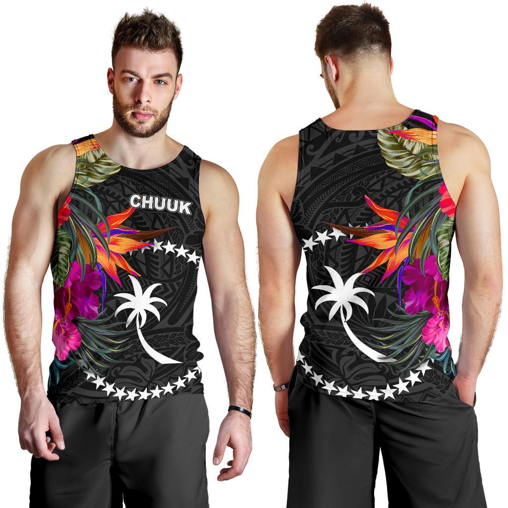 Chuuk Men's Tank Top - Polynesian Hibiscus Pattern Black - Polynesian Pride