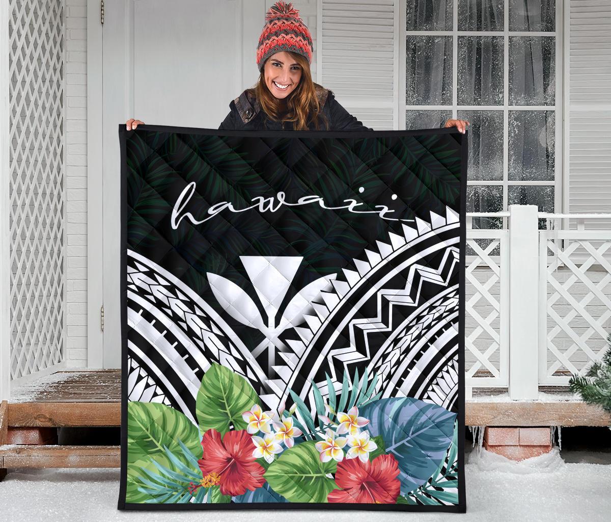 Hawaii Premium Quilt - Hawaii Coat of Arms & Polynesian Tropical Flowers White - Polynesian Pride