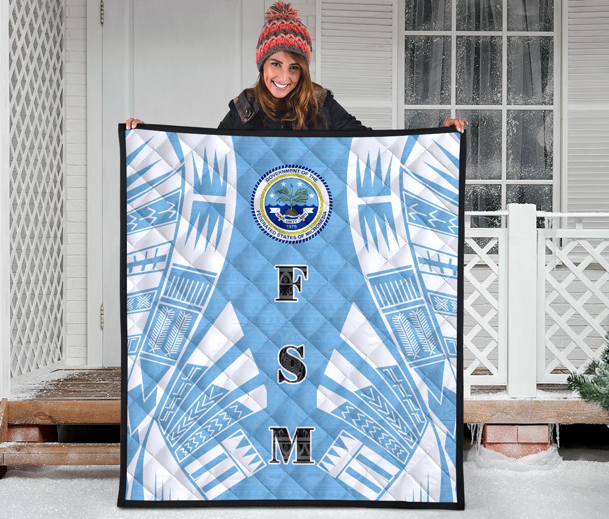 Federated States Of Micronesia Premium Quilt - Federated States Of Micronesia Seal Polynesian White Tattoo (Blue) - Polynesian Pride