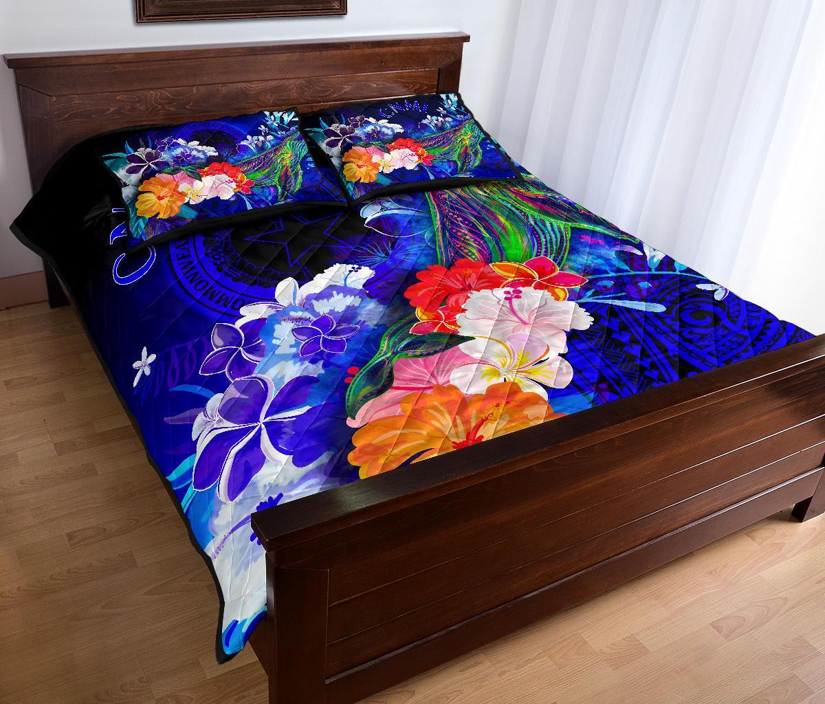 CNMI Quilt Bed Set - Humpback Whale with Tropical Flowers (Blue) - Polynesian Pride