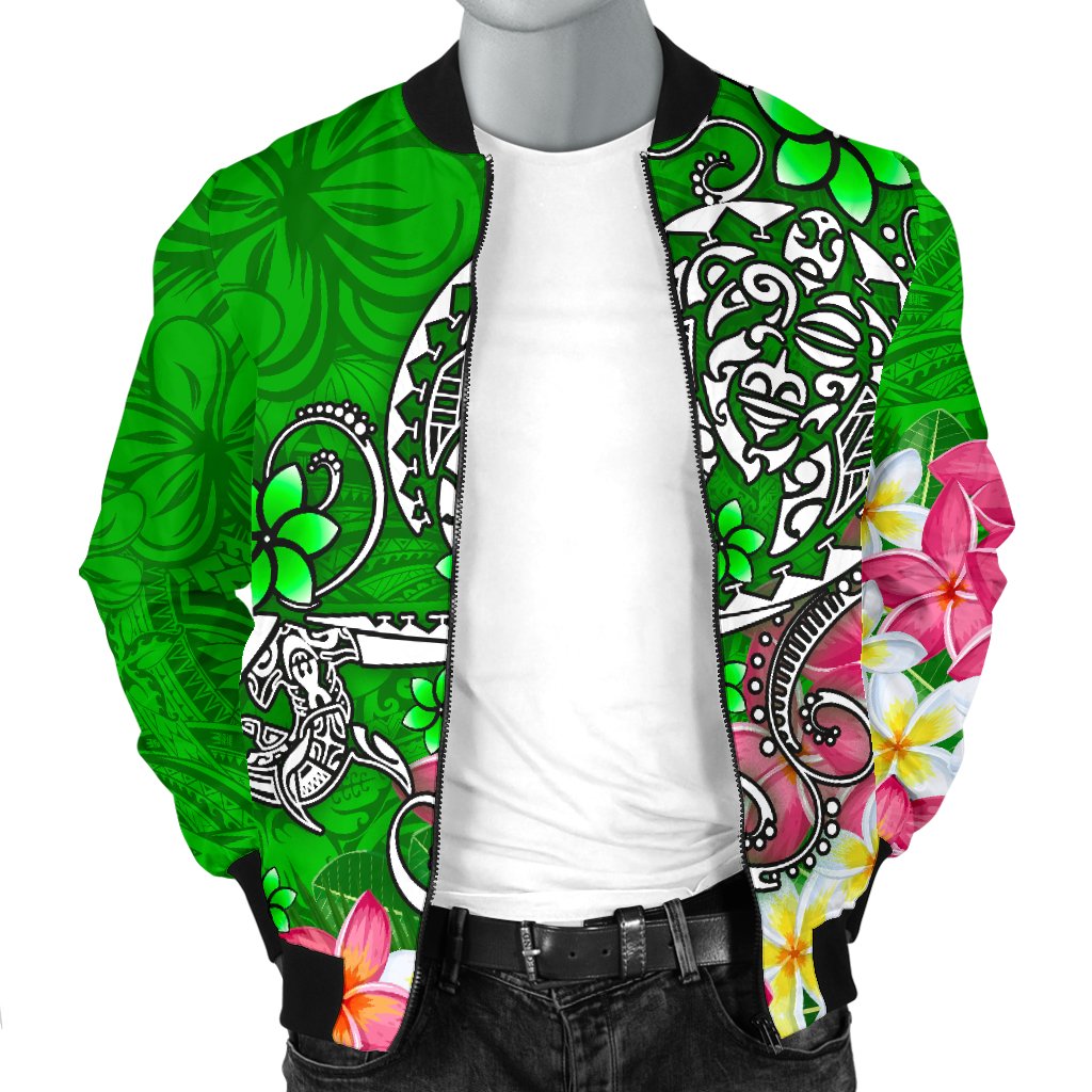 Polynesian Men's Bomber Jacket - Turtle Plumeria Green Color - Polynesian Pride