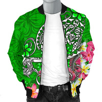 Polynesian Men's Bomber Jacket - Turtle Plumeria Green Color - Polynesian Pride