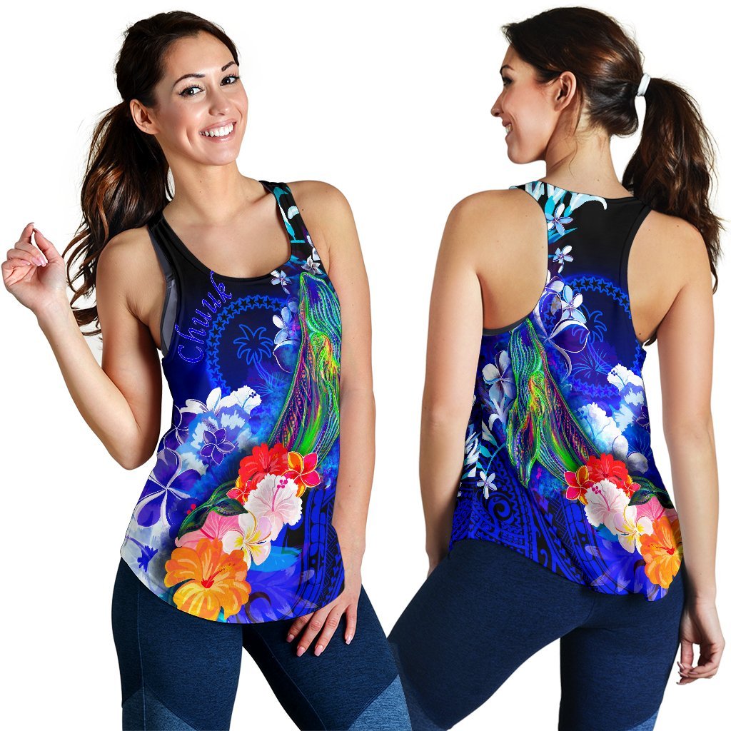 Chuuk Women's Racerback Tank - Humpback Whale with Tropical Flowers (Blue) Blue - Polynesian Pride