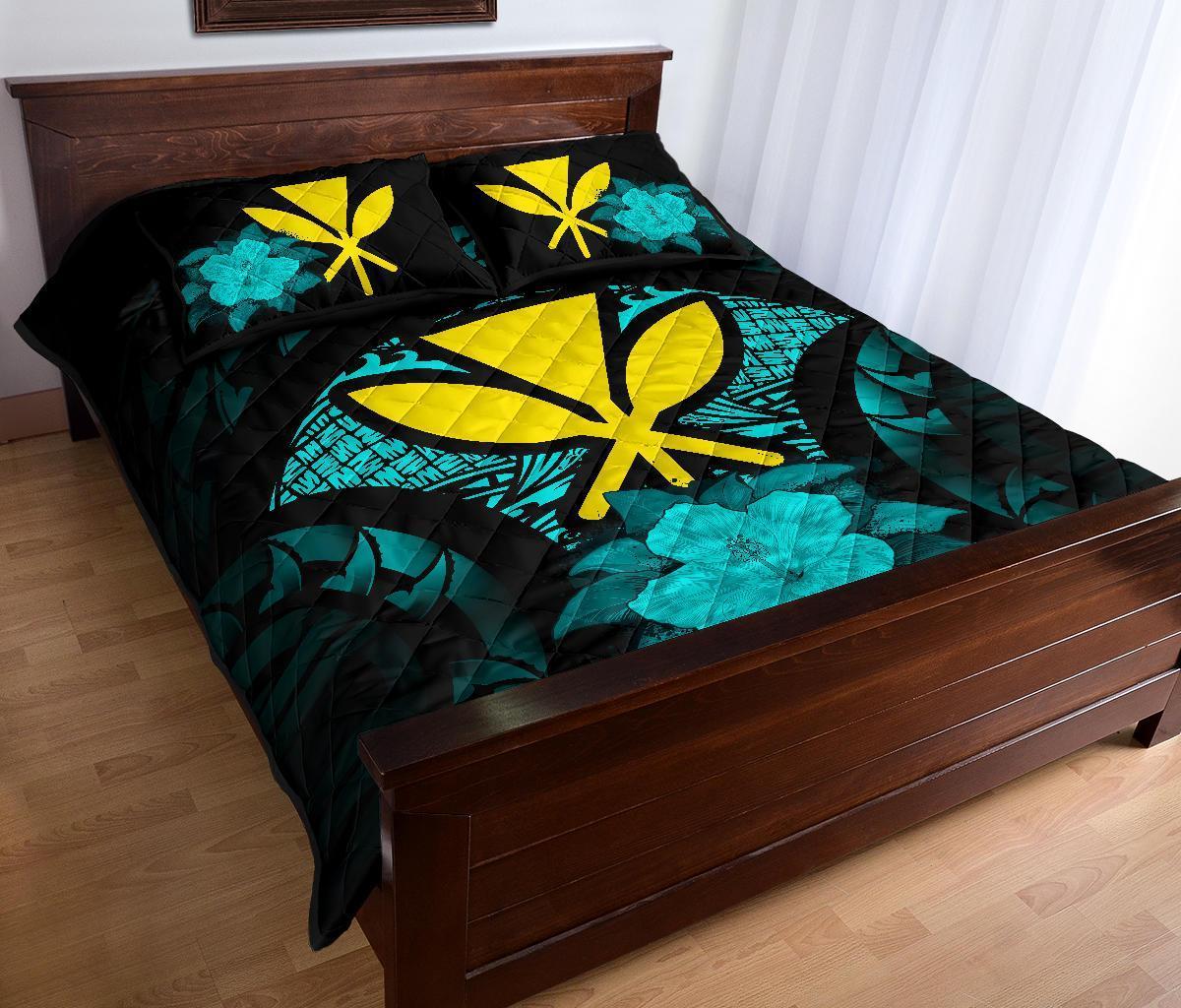 Kanaka Maoli (Hawaii) Polynesian Quilt Bed Set Hibiscus Turquoise - Polynesian Pride