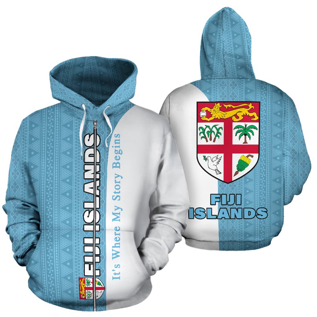 Fiji Islands All Over Zip up Hoodie Shoulder Style Unisex Blue - Polynesian Pride