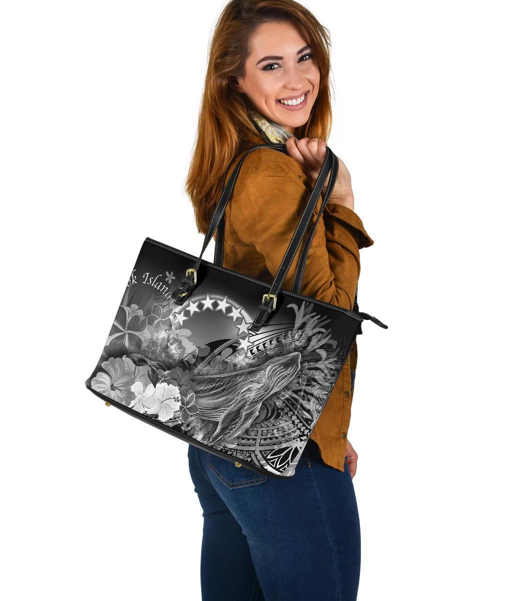 Cook Islands Leather Tote Bag - Humpback Whale with Tropical Flowers (White) - Polynesian Pride